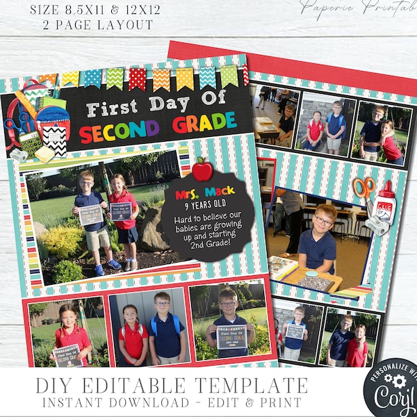 EDITABLE Scrapbooking Pages, Scrapbooking Album Pages, Digital Scrapbook, First Day of School Scrapbook Pages, DIY Edit with Corjl, #SCRAP01