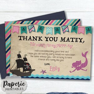 Mermaid and Pirate Birthday Thank You Card - Pirate & Mermaid Birthday Thank You - Mermaid Birthday Thank You Card - Pirate Birthday Card -