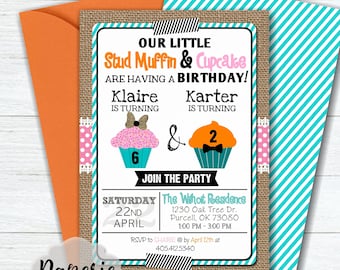 May include: A birthday invitation for a boy and girl turning 2 and 6. The invitation features a cupcake with a bow and a cupcake with a bow tie. The text reads "Our Little Stud Muffin & Cupcake are having a birthday! Klaire is turning 6 & Karter is turning 2. Join the party Saturday, April 22nd. The Withoit Residence 1230 Oak Tree Dr. Purcell, OK 73080 1:00 PM - 3:00 PM RSVP to SHARIE @ by April 12th at 405.412.5340. Proof ready within 24 hours."