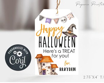Op de afbeelding: Printbare Halloween-cadeaubon met een heksenhoed, een spookhuis en de tekst "Happy Halloween Here's a TREAT for you! love, BRAYDEN".