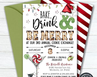 May include: A printable invitation for a Christmas cookie exchange party. The invitation features a red and white striped background with a green and white illustration of a martini glass with a candy cane and a lime. The text on the invitation reads "Bake, Drink & Be Merry at our 3rd Annual Cookie Exchange!" with the date and time of the event. The invitation also includes the address of the event and an RSVP number.