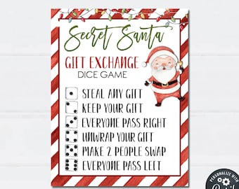 EDITABLE Christmas Gift Exchange Dice Game Card, Secret Santa Gift Exchange Printable, Gift Exchange Rules, Editable or Use AS IS - #CG14