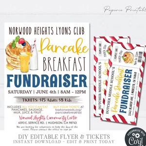 EDITABLE Pancake Breakfast Flyer & Ticket, Pancake Breakfast Fundraiser, Pancake Breakfast Tickets, Digital Printable DIY with Corjl - #PB04