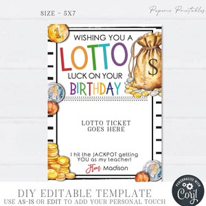 EDITABLE Lotto Teacher Birthday Gift Ticket Holder, Wishing you a LOTTO luck Birthday Lotto Ticket Holder Printable, DiY w/Corjl #BC06 (1)