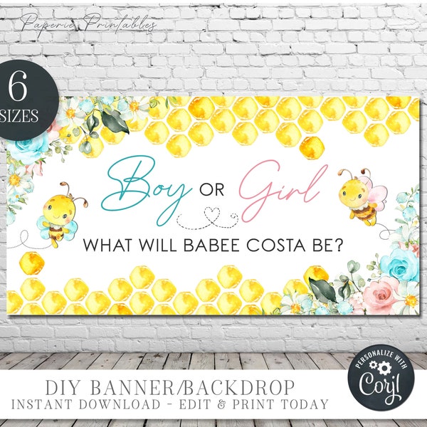 EDITABLE Bee Gender Reveal Party Backdrop, BABEE Banner, Bee Baby Decorations, Gender Reveal Backdrop, Boy or Girl - DIY with Corjl  #BS76