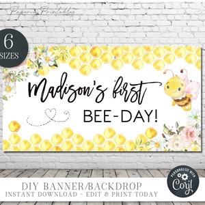 EDITABLE Bee Birthday Party Backdrop, Beeday Birthday Banner, Bee First Birthday Party Decorations, First Birthday - DIY with Corjl  #BP117