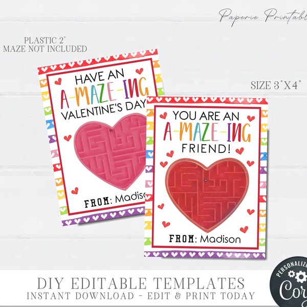 Editable Maze Valentine's Day Card, A-MAZE-ING Valentine Printable, A-Maze-ing Valentine Day, School Valentine Card - DIY w/Corjl - #VT105