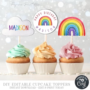 Editable Rainbow Birthday Party Cupcake Toppers, Rainbow Cupcake Topper, Rainbow Party Cupcake Toppers, Rainbow First Birthday Party #BP161