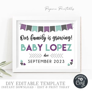 Editable Our Family is Growing Pregnancy Announcement Sign, New Baby Pregnancy Reveal, Photo Prop Printable, Baby Reveal, DIY w/Corjl - G140