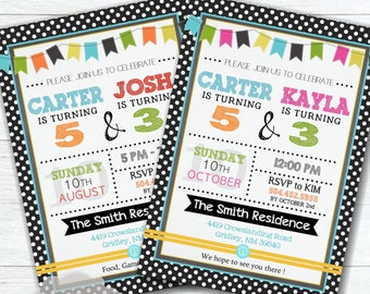 May include: Two black and white polka dot birthday party invitations with colorful flags and text. The first invitation is for Carter turning 5 and Josh turning 3 on Sunday, August 10th. The second invitation is for Carter turning 5 and Kayla turning 3 on Sunday, October 10th.