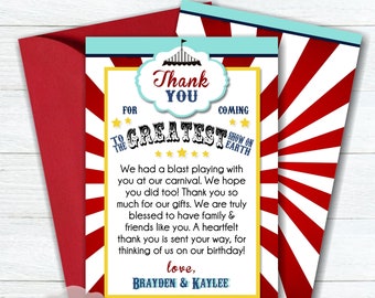 May include: A thank you card with a circus theme. The card is yellow with red and white stripes. It says "Thank You for coming to the Greatest Show on Earth".