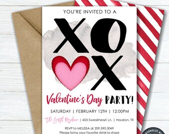 May include: A printable Valentine's Day party invitation with a watercolor background featuring a pink heart and black XO letters. The text reads "You're invited to a Valentine's Day Party! Saturday | February 12th | 12:00PM The Smith Residence | 403 Sweetheart Ln. | Houston, TX RSVP to Melissa at 209.590.3049 Please bring your favorite drink to share DIY Editable Template Instant Download - Edit & Print Today"