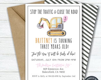 May include: A printable birthday invitation featuring a yellow construction vehicle with a pink balloon. The text reads "Stop the traffic & close the road" and "Brittney is turning three years old!" The invitation includes details for a party on July 10th from 2pm-4pm.