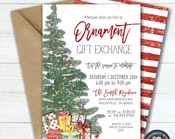 May include: A printable invitation for an ornament gift exchange party. The invitation features a watercolor illustration of a Christmas tree with presents underneath. The text reads "Please join us for an Ornament Gift Exchange tis the season to celebrate Saturday December 10th 6:00 pm to 9:30 pm The Smith Residence 8490 Henderson Rd. Knoxville, TN 80403 RSVP to Ashley at 718.094.9450 Bring a $20 White Elephant Gift".