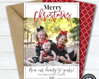 May include: A Christmas card with a photo of three children, two girls and a baby girl, with the text "Merry Christmas from our family to yours! The Bertolotti Family 2022" and a DIY Editable Template logo.
