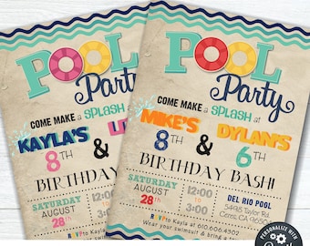 Siblings Pool Party Birthday Invitation Template (DIY Edit) #BP65