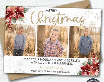 EDITABLE Christmas Photo Card, 3 Photo Layout, Merry Christmas Photo Card, Gold Glitter Christmas Template - DIY Edit with Corjl - #CC59