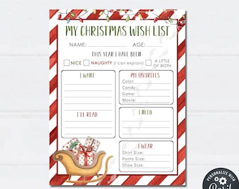 Può includere: Modello di lista dei desideri di Natale stampabile con sfondo a righe rosso e bianco. Il modello include sezioni per il nome, l'età, se il bambino è stato buono o cattivo, i colori preferiti, le caramelle, i giochi, i film, i libri, le cose di cui ha bisogno e le taglie dei vestiti. Il modello presenta un'immagine di un trenino con i regali.