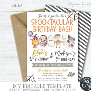 Spooktacular Halloween Birthday Invitation: Editable Siblings Party (DIY with Corjl) #BP97 #BP99
