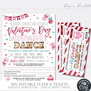 EDITABLE Daddy Daughter Dance Flyer and Ticket Combo, Valentine's Day Dance Invitation, School Sweetheart Dance Tickets, DIY Corjl #VP17(2)