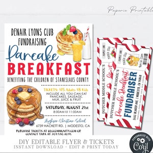 EDITABLE  Pancake Breakfast Fundraiser, Pancake Breakfast Flyer Printable, Pancake Breakfast Tickets, Digital Printable DIY Corjl - #PB03