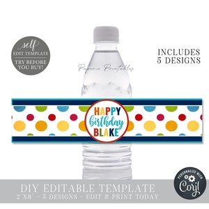 Editable Birthday Party Water Bottle Labels: Primary Colors (DIY with Corjl) #BP80 #BP52