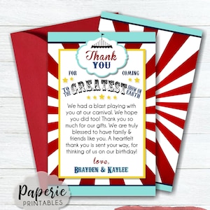 Circus Birthday Thank You Card  - Carnival Birthday Thank You  -  Carnivalr Birthday Thank You  Card - Circus Birthday Card - Double Sided -