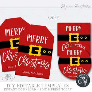 Editable Christmas Gift Tags, Santa Belt Christmas Gift Tags, Secret Santa Label, DIY Santa Gift Tags - Printable - Edit with Corjl - #CT34