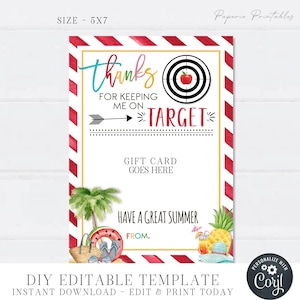 EDITABLE End of School Teacher Gift Card Holder, Thanks for keeping me on Target, Gift Card Holder Printable, Teacher Printable - DIY #STG14