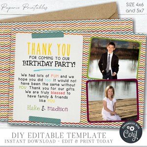 EDITABLE Kids Birthday Thank You Card, Colorful Thank You Card, Children's Birthday Thank You  Card, Thank You Card Printable, CORJL - #BP61