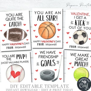 EDITABLE Kids Valentine Cards, Sports Valentine Cards, School Valentine Tags, Printable Valentine Cards, Soccer, DIY with Corjl - #VT43(1)