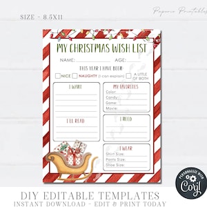 EDITABLE Christmas Wish List for kids - Christmas Wish List Template - Christmas Wish List Printable - Christmas List -DIY with Corjl- #CG10