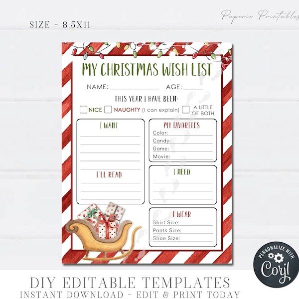 EDITABLE Christmas Wish List for kids - Christmas Wish List Template - Christmas Wish List Printable - Christmas List -DIY with Corjl- #CG10