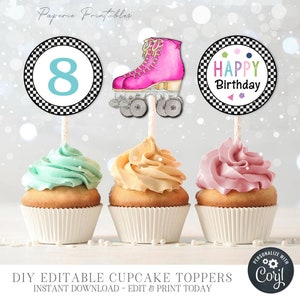 Editable Skating Birthday Party Cupcake Toppers, Skating Cupcake Topper, Girl Skating Party Cupcake Toppers, Roller Skating Party - #BP79