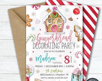 May include: A printable invitation for a gingerbread decorating party. The invitation features a watercolor illustration of a gingerbread house, candy canes, and other holiday treats. The text on the invitation reads "Gingerbread Decorating Party" and "Join us to celebrate Madison turning 8!"
