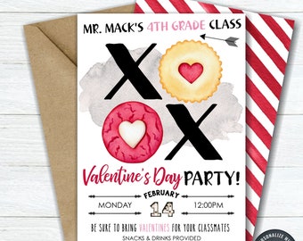 May include: Printable Valentine's Day party invitation with a watercolor background featuring two cookies with hearts. The text reads "Mr. Mack's 4th Grade Class Valentine's Day Party!" with the date and time of the party. The invitation is customizable with Corjl.