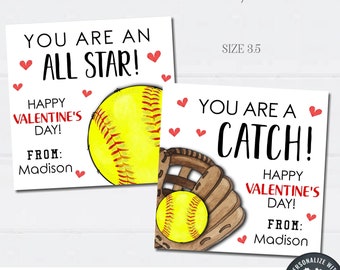 May include: Two printable Valentine's Day cards featuring a softball and a catcher's mitt. The cards are white with red hearts and the text "You are an All Star!" and "You are a Catch!" with the words "Happy Valentine's Day!" and "From: Madison".
