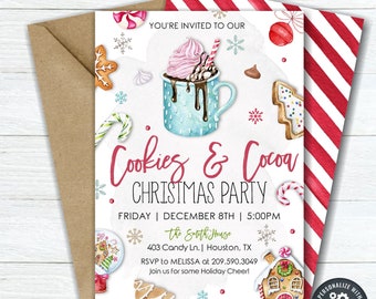 May include: A Christmas party invitation with a watercolor illustration of a mug of hot cocoa with whipped cream and a gingerbread cookie. The text reads "Cookies & Cocoa Christmas Party" with the date and time of the party. The invitation is decorated with snowflakes and candy canes.
