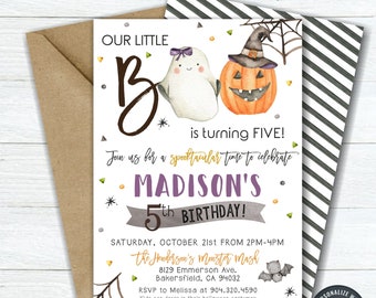 May include: A printable 5x7 inch invitation for a child's 5th birthday party. The invitation features a ghost and a pumpkin with the text "Our Little Boo is turning Five!" and "Madison's 5th Birthday!" The invitation is decorated with purple, orange, and yellow confetti.