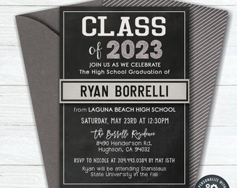 May include: A graduation announcement with a chalkboard-style design. The invitation features the text "CLASS of 2023" and details for Ryan Borrelli's graduation from Laguna Beach High School. Includes RSVP information and a Corjl logo.