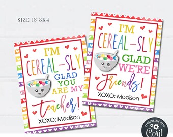 EDITABLE Cereal Valentine Cards, Kid Valentine Cards, School Valentine Tags, Printable Valentines, Valentine Printbles, DIY with Corjl #VT51