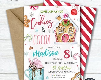 May include: A printable invitation for a Cookies & Cocoa party to celebrate Madison turning 8. The invitation features a gingerbread house, a mug of hot cocoa, and candy canes. The party is scheduled for December 18th at 10:00 AM at the Smith House, 403 Candy Ln., Houston, TX. RSVP to Melissa at 209.590.3049.
