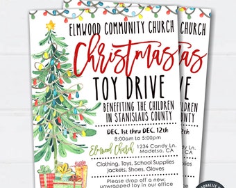 Peut inclure: Une affiche imprimable pour une collecte de jouets de Noël à l'église communautaire d'Elmwood. L'affiche présente une illustration aquarelle d'un sapin de Noël avec des lumières et des cadeaux. Le texte indique "Christmas Toy Drive" et "Benefiting the children in Stanislaus County". L'affiche comprend également l'adresse et les coordonnées de l'église.