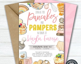 May include: A printable baby shower invitation with a watercolor illustration of pancakes, a rattle, and a pacifier. The text reads "Join us for Pancakes and Pampers in honor of Kayla Farese. Saturday, June 3rd 9:00am - 12:00pm. The Smith Residence 4410 Anderson Rd. I Modesto RSVP to Katie at 209.590.4032 Registered at Babies R Us. DIY Editable Template Instant Download - Edit & Print Today. Personalize with Corjl."