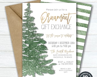 May include: A white and green Christmas ornament exchange invitation with a watercolor illustration of a pine tree. The invitation includes the text "Please join us for a Ornament Gift Exchange" and details about the event, including the date, time, location, and RSVP information.