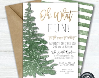 Könnte beinhalten: Eine druckbare Weihnachtsfeier-Einladung mit einer Aquarell-Illustration eines grünen Kiefernbaums mit weißen Schneeflocken. Der Text lautet "Oh. What FUN! Tis the season to celebrate. Saturday 1 December 10th 6:00 pm to 9:30 pm The Smith Residence 8490 Henderson Rd. Knoxville, TN 80403 RSVP to Ashley at 718.094.9450 Bringen Sie ein Geschenk im Wert von 20 $ für den Wichteltausch mit"