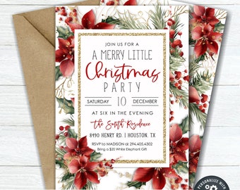 Könnte beinhalten: Eine druckbare Weihnachtsfeier-Einladung mit einem roten und grünen Blumendesign. Die Einladung lautet "Schließen Sie sich uns zu einem fröhlichen kleinen Weihnachtsfest an" mit dem Datum "Samstag, 10. Dezember".