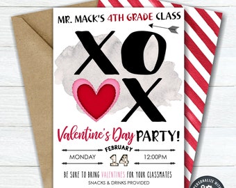 May include: A printable Valentine's Day party invitation with a watercolor background and a pink and red XOXO design. The invitation is for Mr. Mack's 4th grade class and is scheduled for Monday, February 14th at 12:00 PM. The text reads "Be sure to bring Valentines for your classmates. Snacks & drinks provided."