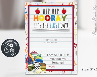 EDITABLE First day of School Teacher Gift Card, Back to School Teacher Gift Card, HIP HIP Hooray! It&#39;s the First Day! Teacher Gift -#STG08-1