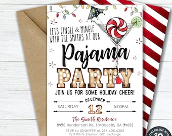 May include: A festive 5x7 inch invitation for a pajama party. The design features a martini glass with a candy cane, Christmas lights, and the words "Pajama Party." Includes event details and RSVP information. The invitation is paired with a brown envelope.
